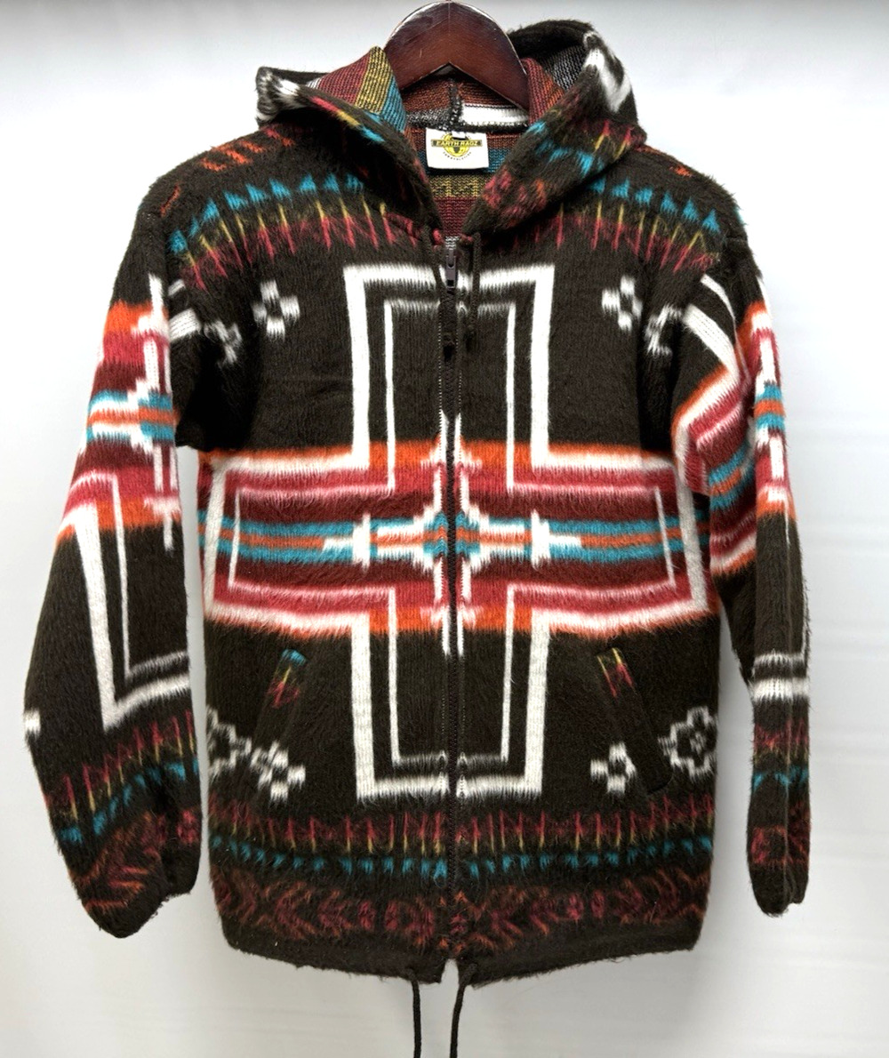 EARTH RAGZ Aztec Southwest Brown Zip Hoody Jacket Western Wool Small - Y2K